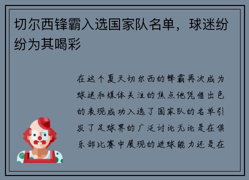 切尔西锋霸入选国家队名单,球迷纷纷为其喝彩