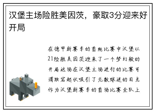 汉堡主场险胜美因茨，豪取3分迎来好开局