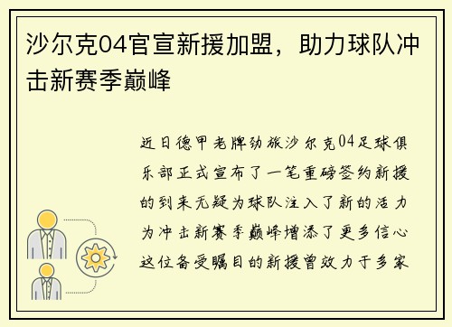 沙尔克04官宣新援加盟,助力球队冲击新赛季巅峰