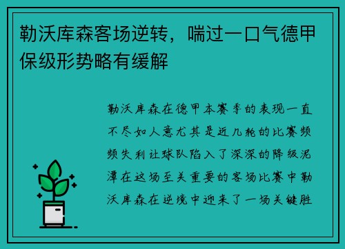 勒沃库森客场逆转，喘过一口气德甲保级形势略有缓解