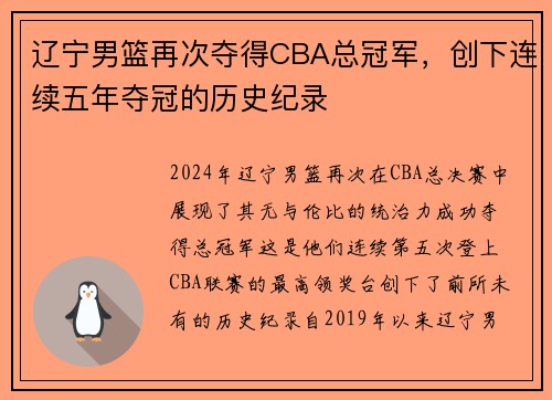 辽宁男篮再次夺得CBA总冠军,创下连续五年夺冠的历史纪录