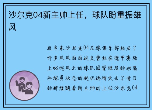 沙尔克04新主帅上任,球队盼重振雄风