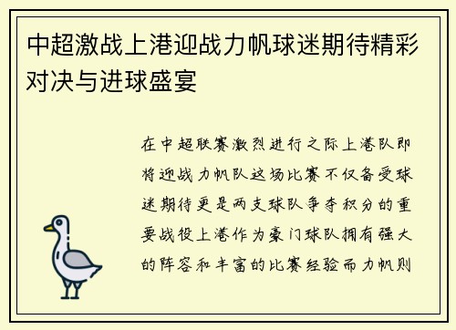 中超激战上港迎战力帆球迷期待精彩对决与进球盛宴