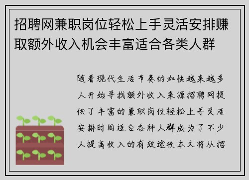 招聘网兼职岗位轻松上手灵活安排赚取额外收入机会丰富适合各类人群