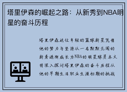 塔里伊森的崛起之路：从新秀到NBA明星的奋斗历程