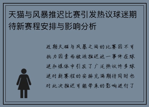 天猫与风暴推迟比赛引发热议球迷期待新赛程安排与影响分析