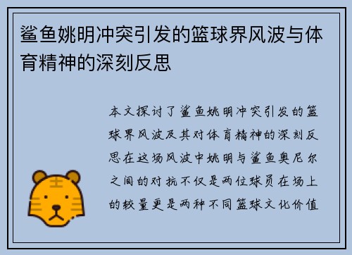 鲨鱼姚明冲突引发的篮球界风波与体育精神的深刻反思