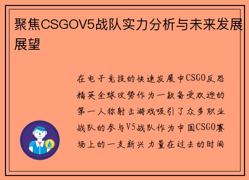 聚焦CSGOV5战队实力分析与未来发展展望